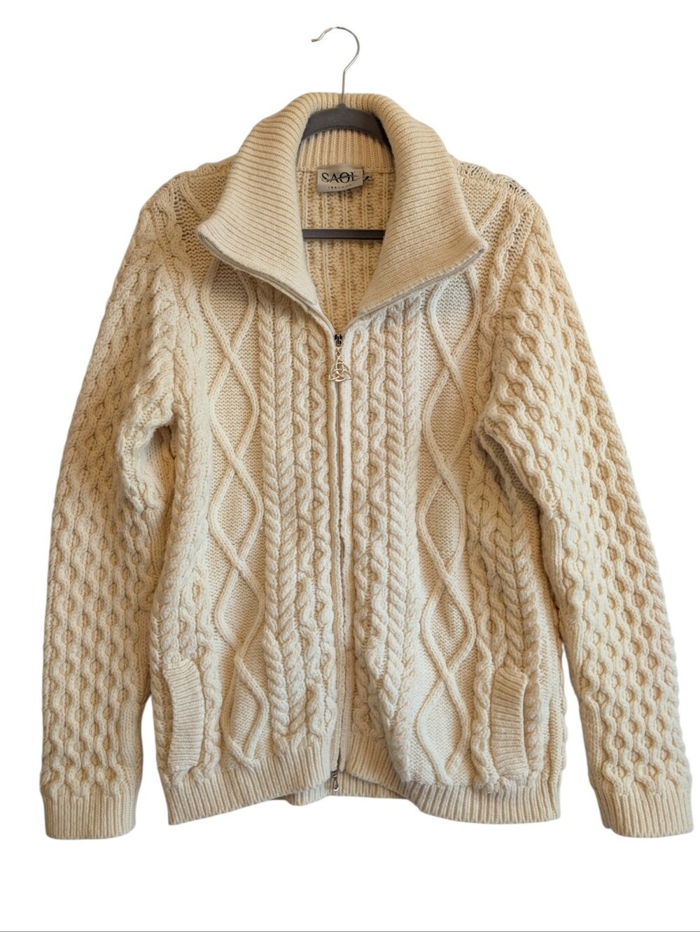 Saol Ireland 100% Merino Wool Cardigan sweater Cream Zip Cable Knit Fisherman